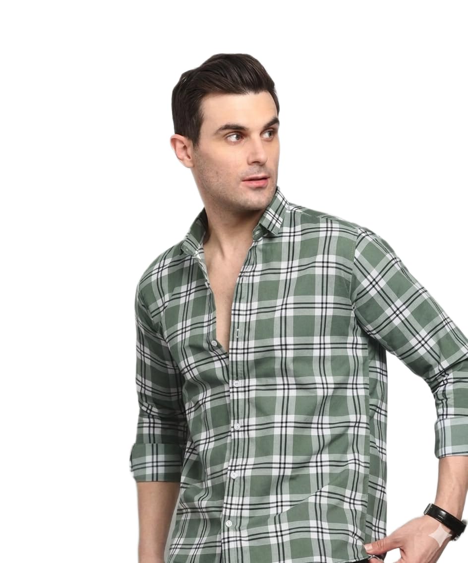 Men's Full Sleeve Checkered Casual Shirt, Blue, Green, and Cream Plaid Pattern-picture-33