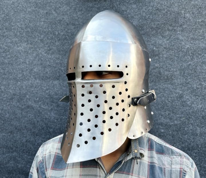 ARTIZANSTORE Medieval Barbuda Style Bassinet Helmet: 18 Gauge Steel, Full Visor