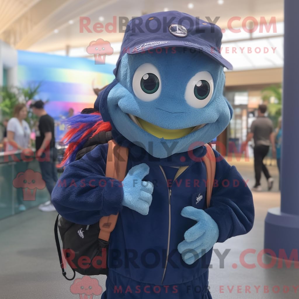 Navy Betta Fish kostium maskotki postać ubrana w koszulkę Henley i plecaki