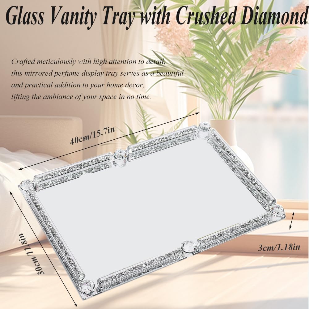 Large Crystal Glass Tray, Crushed Diamond Filled Mirror Vanity Cosmetic Makeup Tray, Sparkle Perfume Jewelry Countertop Decorative Tray, for Home Party Hotel Banquet Dresser Bathroom Bedroom(Silver)