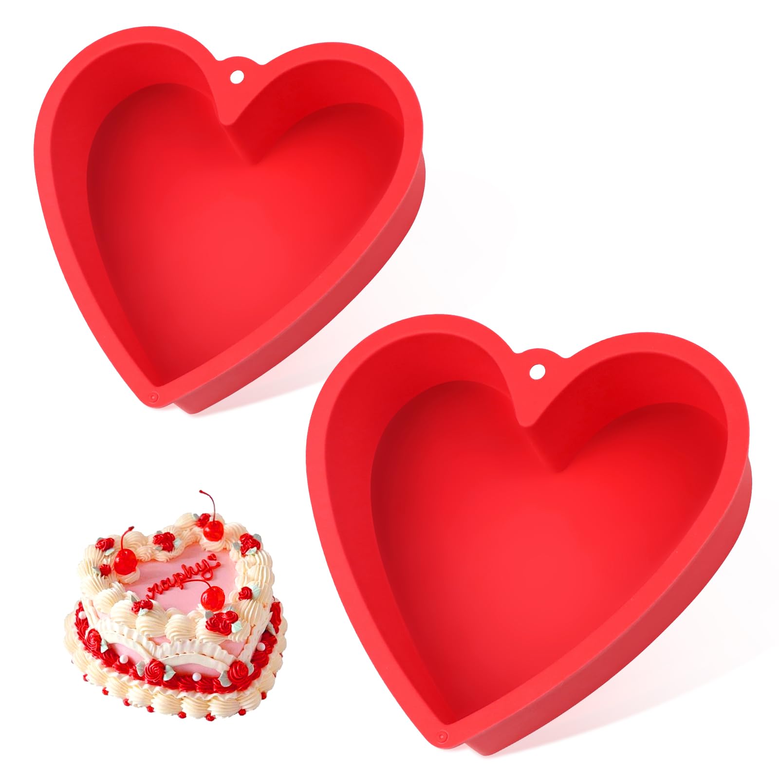 QEEYON Silicone Heart Shaped Cake Tin, 2 Pcs 8/10 Inch Love Cake Moulds, Cake Baking Pan BPA Free, Non Stick Silicone Heart Baking Tin Baking Tray for Cake Cheesecake Chiffon Puddings Bread(Red)