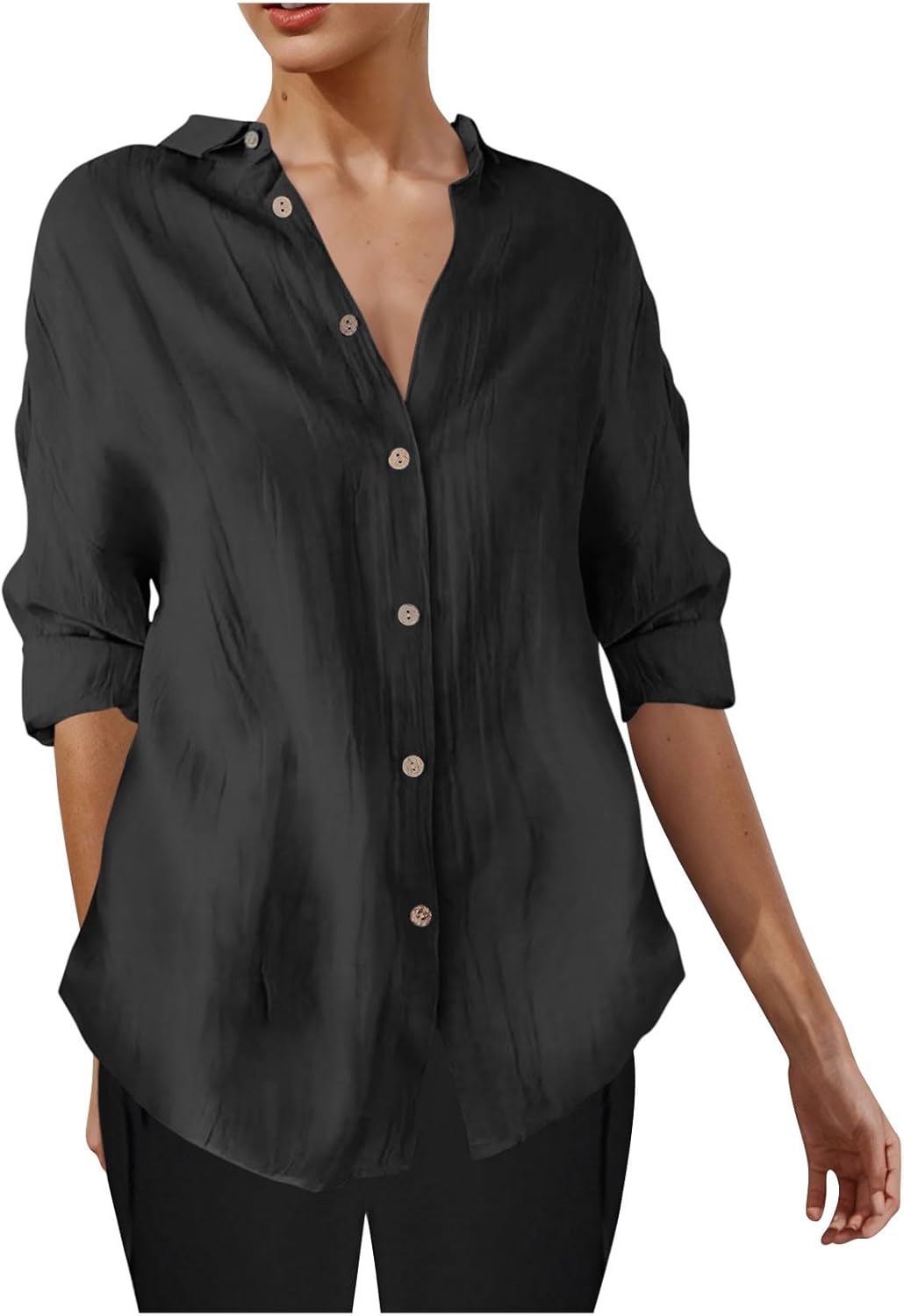 Plus Size 3/4 Sleeve Button Down Shirts for Women Dressy Casual Lapel V Neck Solid Blouse Loose Fit Summer Tops