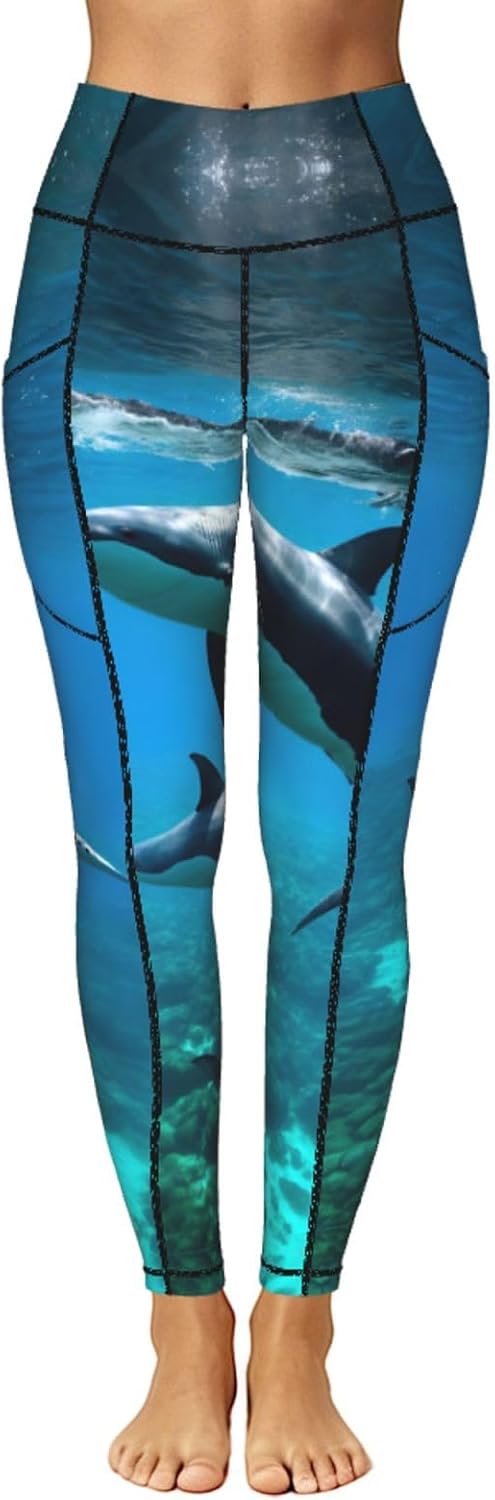 Funny Animal Dolphin Print Leggings with Pockets for Women,Gym Clothes,Fitness Clothing,Compression Leggings