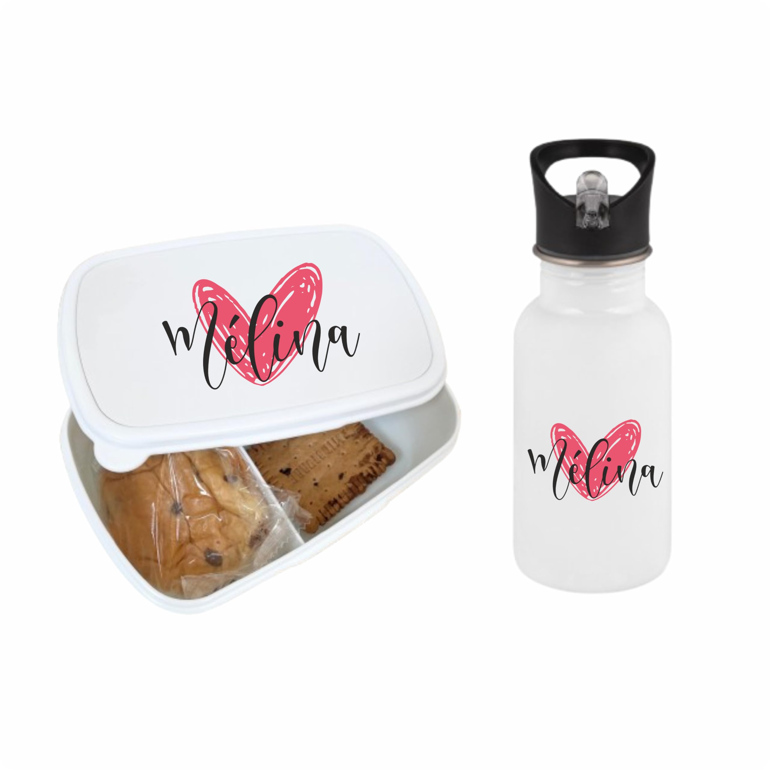 Ensemble gourde + boîte à goûter - école et centre aéré, pique nique enfant, gourde personnalisé, lunchbox personnalisé, gourde prénom enfant (Gourde + Boîte à goûter, Rose)