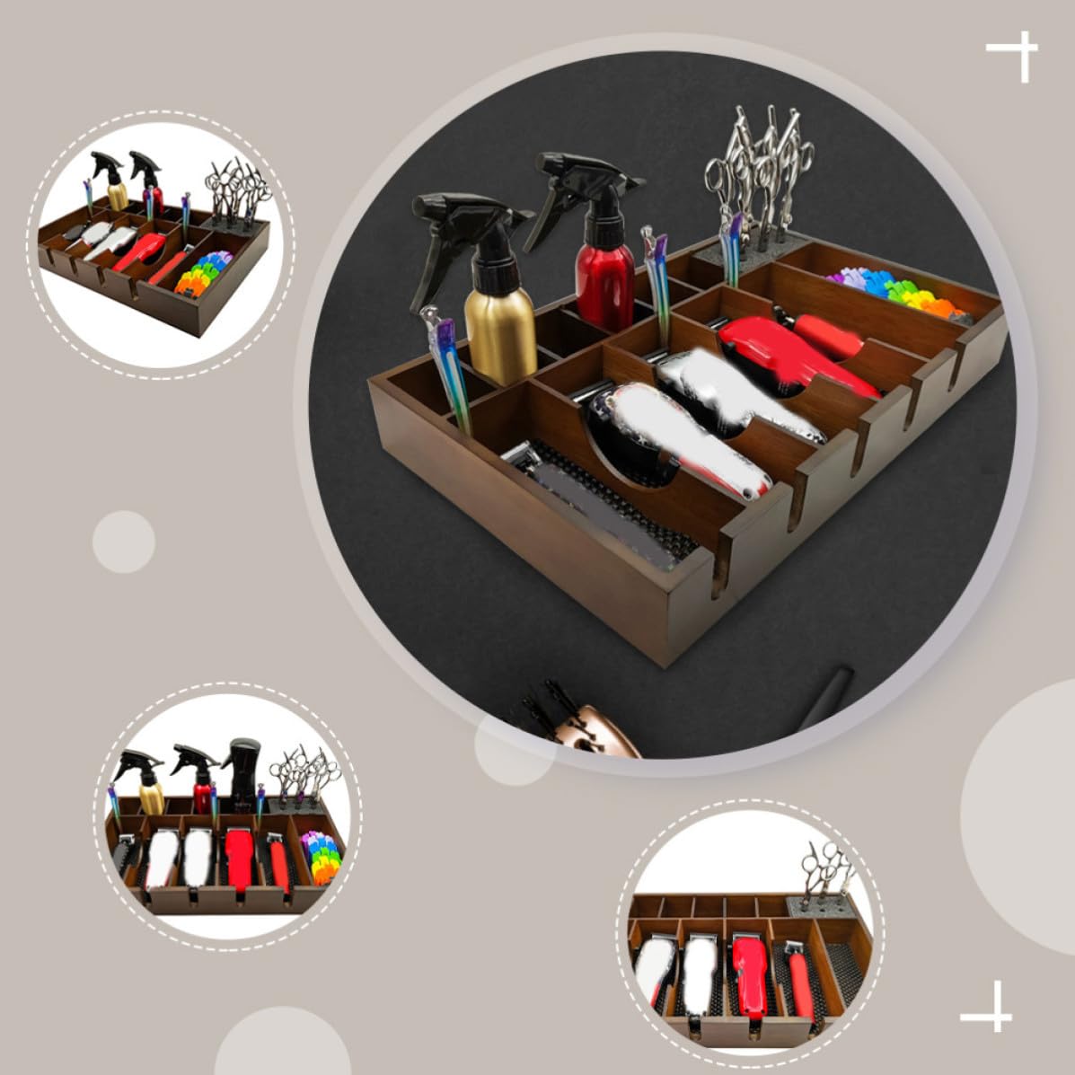 iplusmile Organisateur en Bois Antidérapant pour Tondeuses Grosse Capacité et Design à Grille Rationnelle, Plateau de Rangement pour Outils de Coiffure en Salon Professionnel