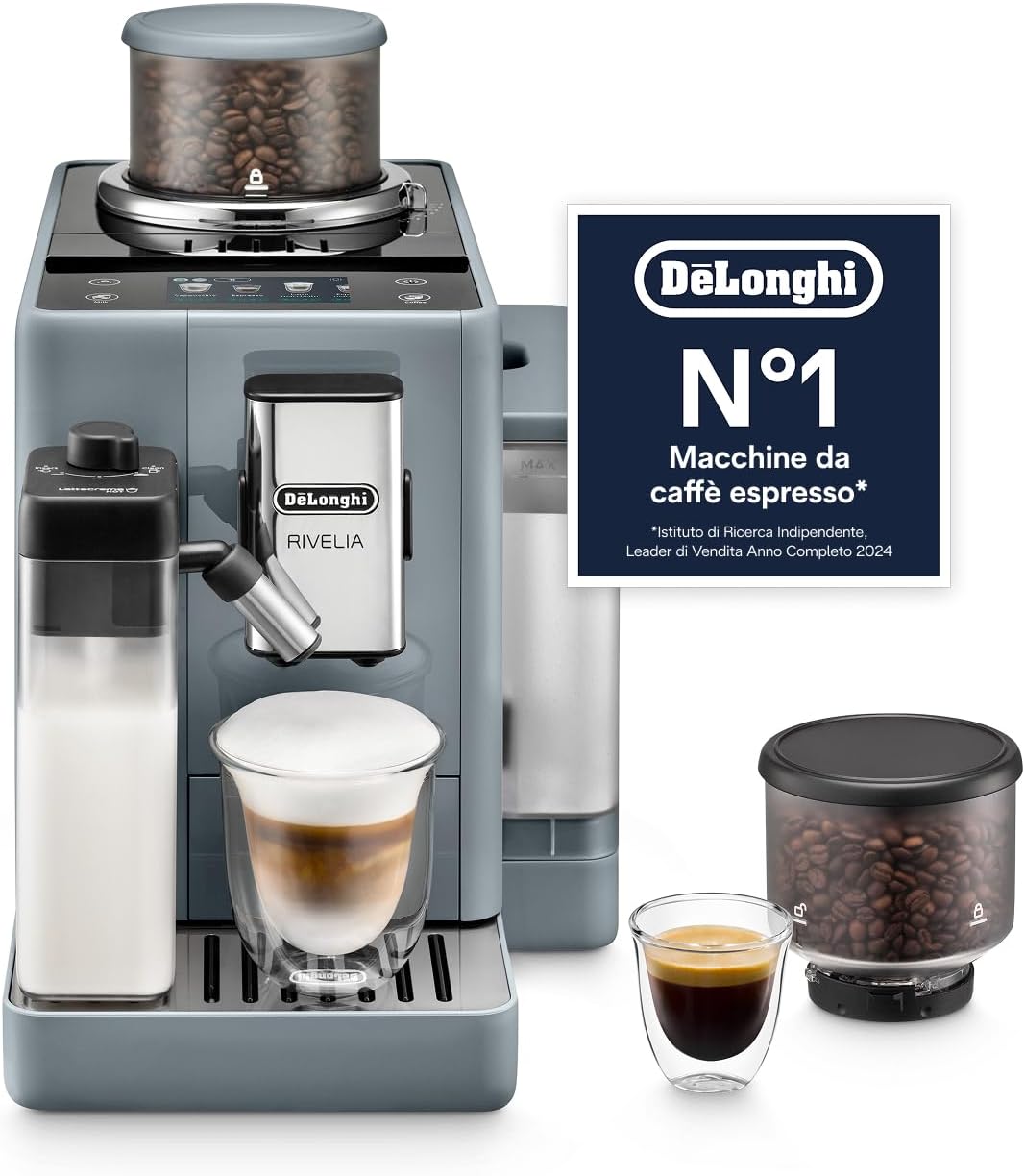 De’Longhi Rivelia – Perfetto Macchina da Caffè Automatica, LatteCrema Montalatte Automatico, 16 Bevande in un Solo Tocco, Display Touch a Colori, Contenitori Intercambiabili, Grigio (EXAM440.55.G)