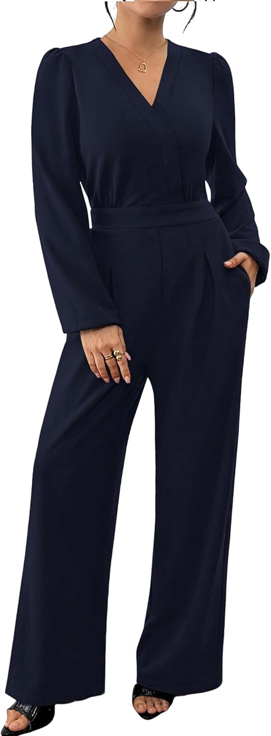 chicyes Women's Jumpsuits Dressy Spring Long Sleeve V Neck Wide Leg Pants Romper Casual Fall Vacation Travel Outfits