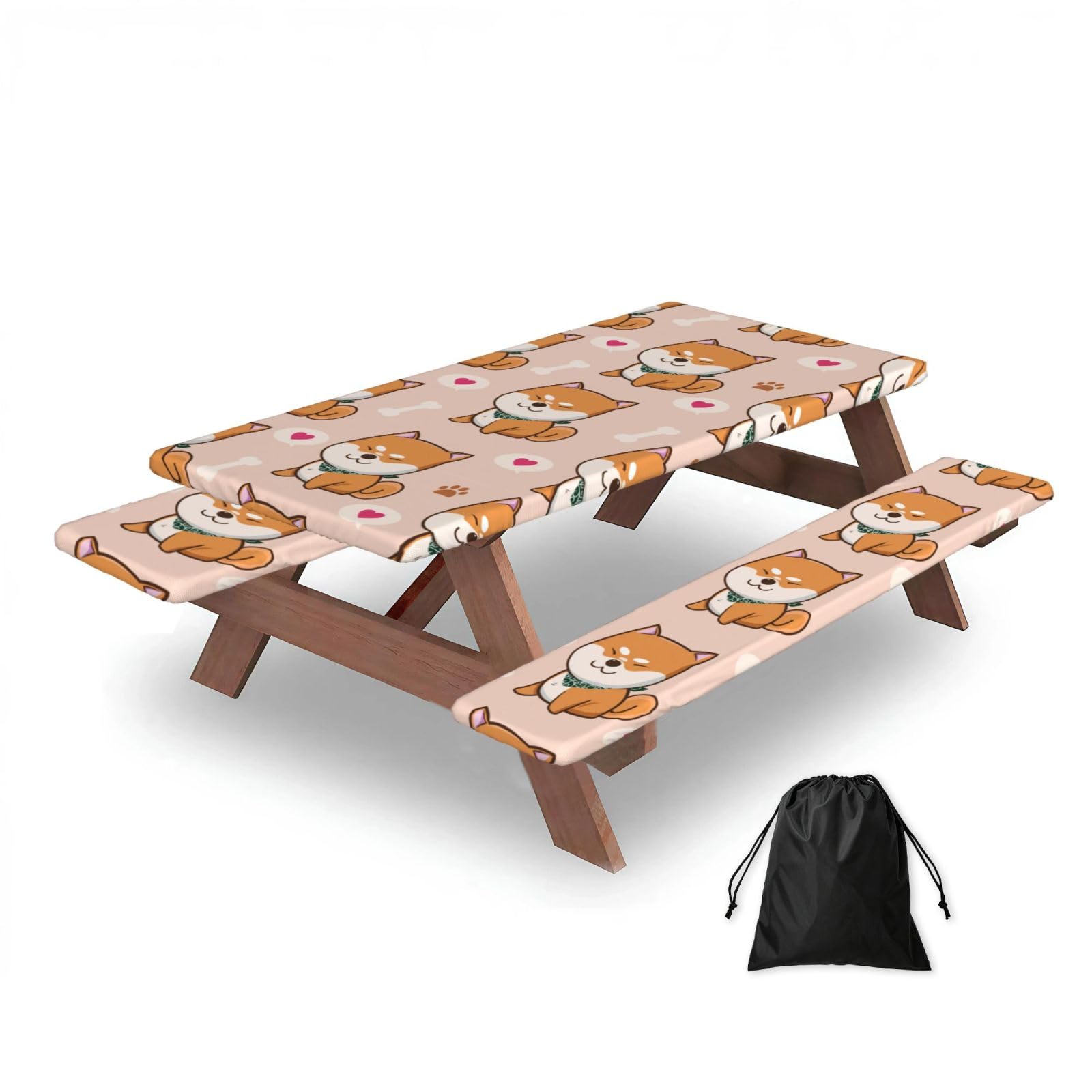 Dopklna As Picture Kawaii Cute Shiba Inu, Picnic Table Cover With Bench Covers -Waterproof Elastic Fitted Tablecloth For Garden Camping Patio 76X152cm