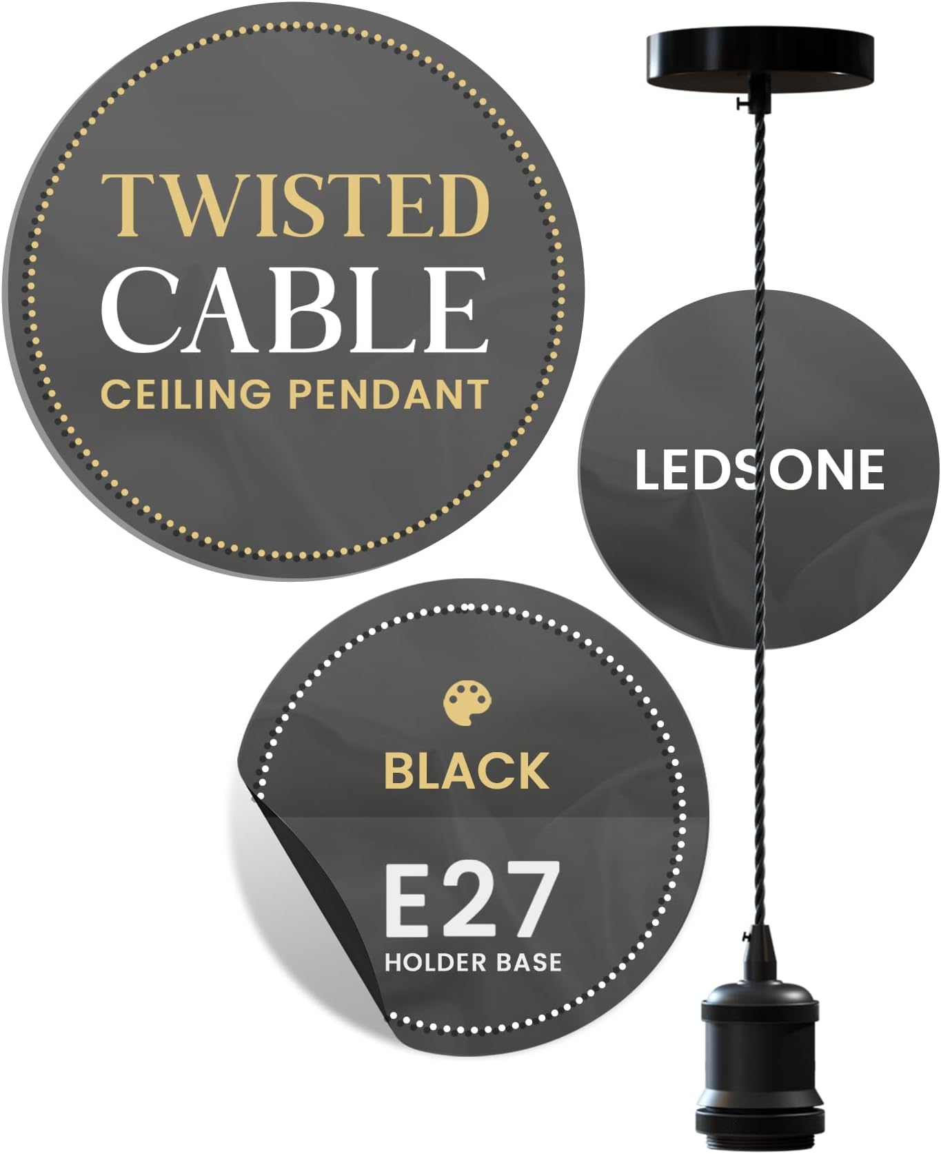 LEDSone Vintage Matt Black E27 Pendant Light Fitting with 1m Twisted Braided Cable – Ceiling Lamp Holder for Kitchen Bar Loft