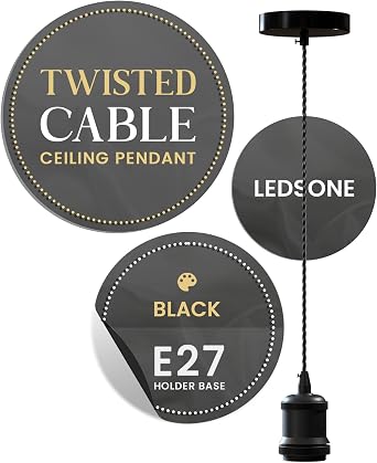 LEDSone Vintage Black Pendant Light Fitting E27   Industrial Ceiling Lamp Holder with 1m Twisted Braided Cable Hanging Light for Kitchen Island Dining Room Bar Cafe [Energy Class A]