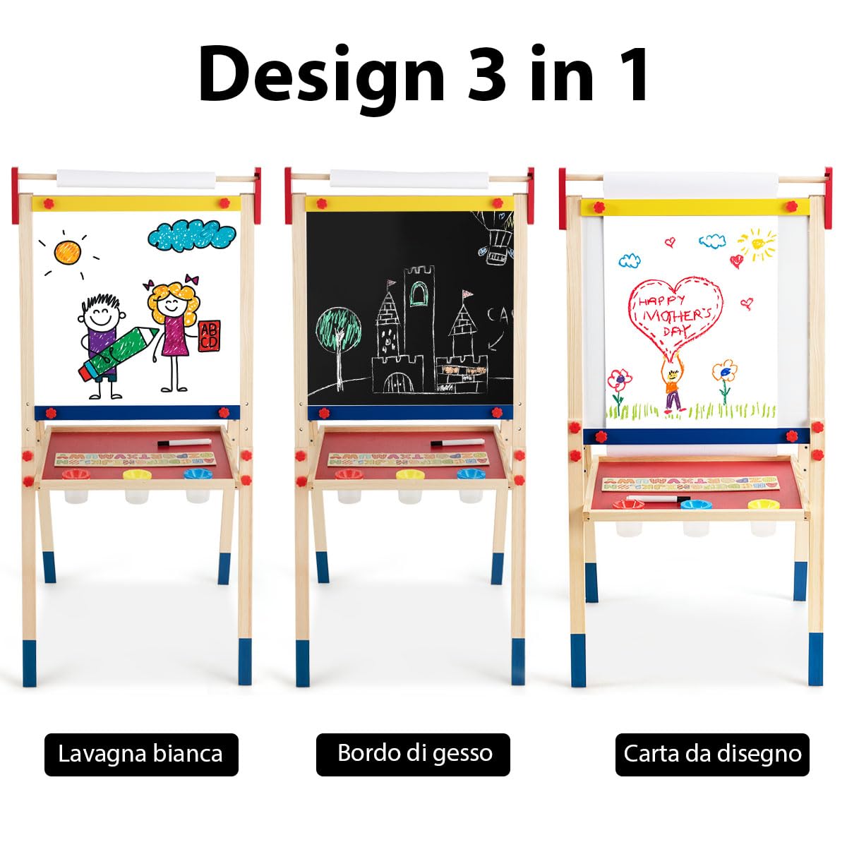 HOMASIS 3 in 1 Lavagna per Bambini con Rotolo di Carta, Cavalletto Pittura Bambini con Lavagna Doppia Faccia, Altezza e Ripiano Regolabile, Struttura in Legno di Pino, 60 x 55 x 112,5-124,5 cm