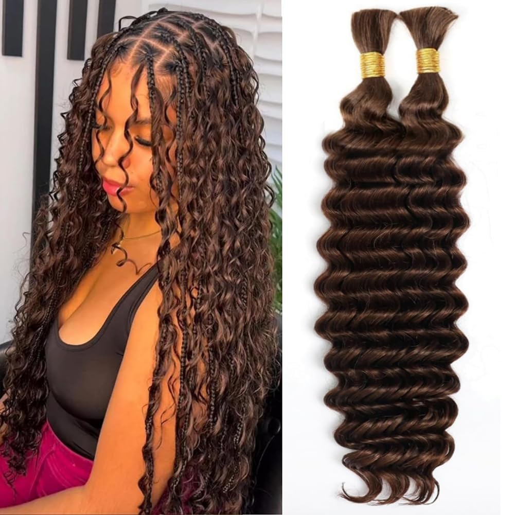 Human Braiding Hair for Boho Braids 100g #4 Chocolate Brown Deep Wave Bulk Human Hair for Braiding Knotless 10A 100% Brazilian Virgin Hair Extensions Bulk Bohemian 2 Bundles 18 Inch