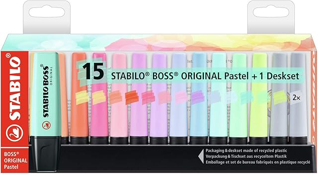 Highlighter - STABILO BOSS ORIGINAL Pastel - Deskset of 15 - 14 x Assorted colours + 2 x Dusty Grey