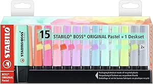 Highlighter - STABILO BOSS Original Pastel - Desk Set of 15pcs - 14 Assorted Colors (2X Dusty Grey)