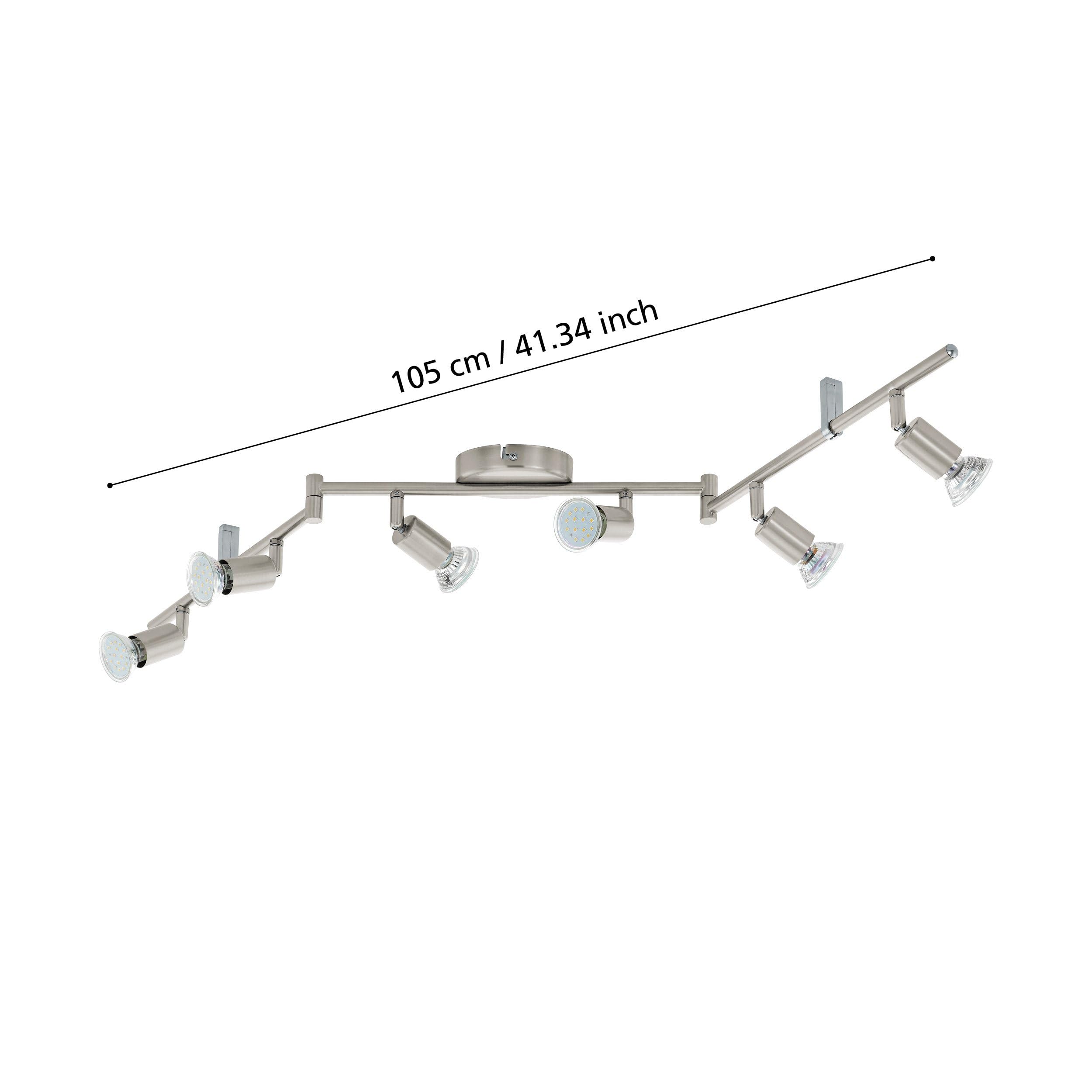 Eglo Lámpara de techo LED Buzz-LED, lámpara de techo con 6 focos, proyector de techo de metal en níquel mate, lámpara para salón, cocina, focos con bombillas GU10, luz cálida, L 105 cm