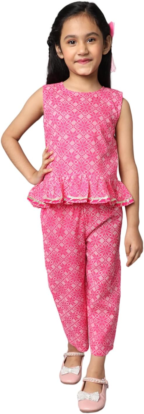 FABRIC FITOOR Girl's Cotton Pink Colour Printed Kurta Sharara Set