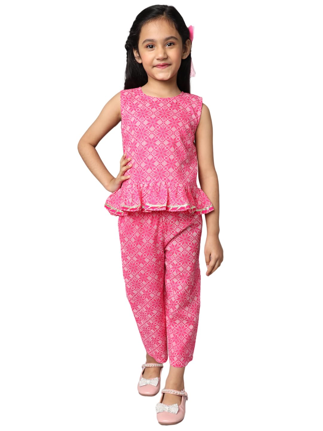 FABRIC FITOOR Girl's Cotton Pink Colour Printed Kurta Sharara Set