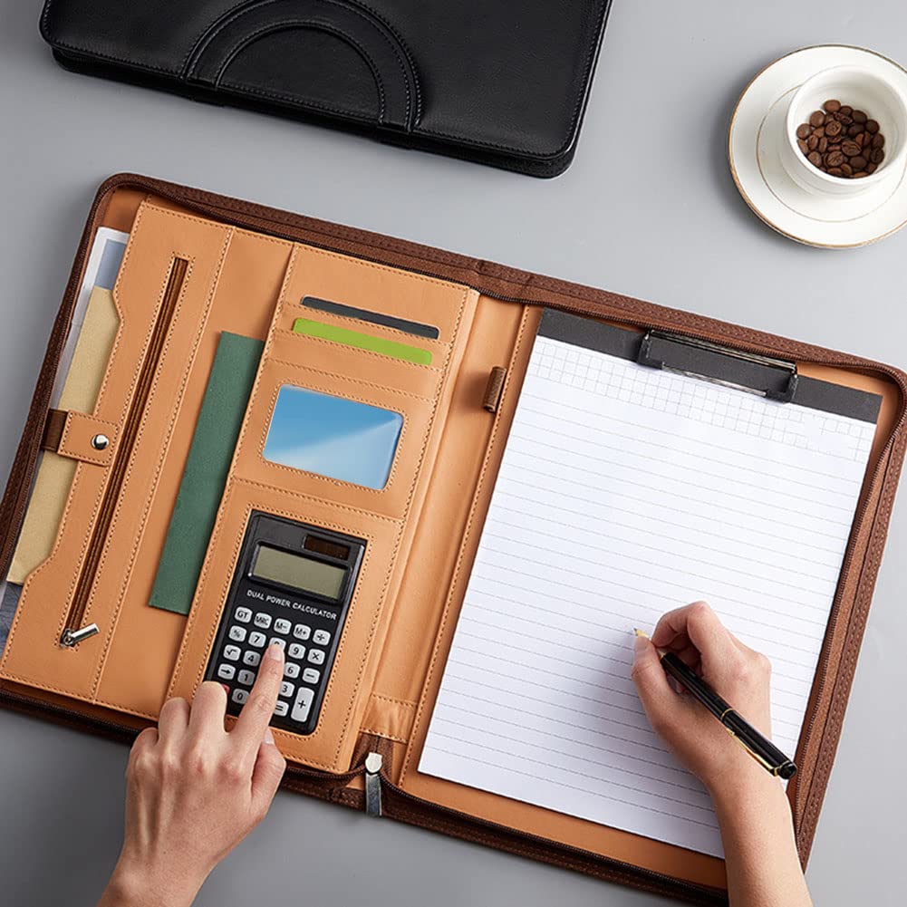 Portefeuille en Cuir avec Fermeture éClair pour Femme/Homme, Porte-Documents D'Affaires avec PoignéE, Dossier de Bloc-Notes de ConféRence Noir