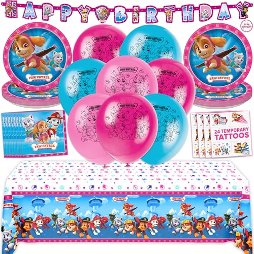 Skye Paw Patrol Birthday Decorations | Serves 16 | Pink Banner Tablecloth Balloons Plates and Napkins Temporary Tattoos Sticker | Paw Patrol Party Decorations for Girls