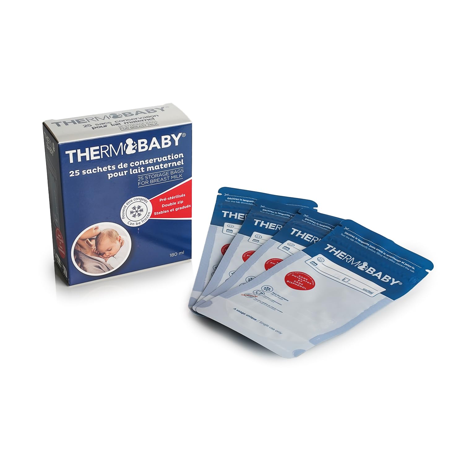 THERMOBABY - 25 x Breast Milk Storage Bags - Breast Milk Storage Bags 180ml - Pre-Sterilized - for Fridge and Freezer