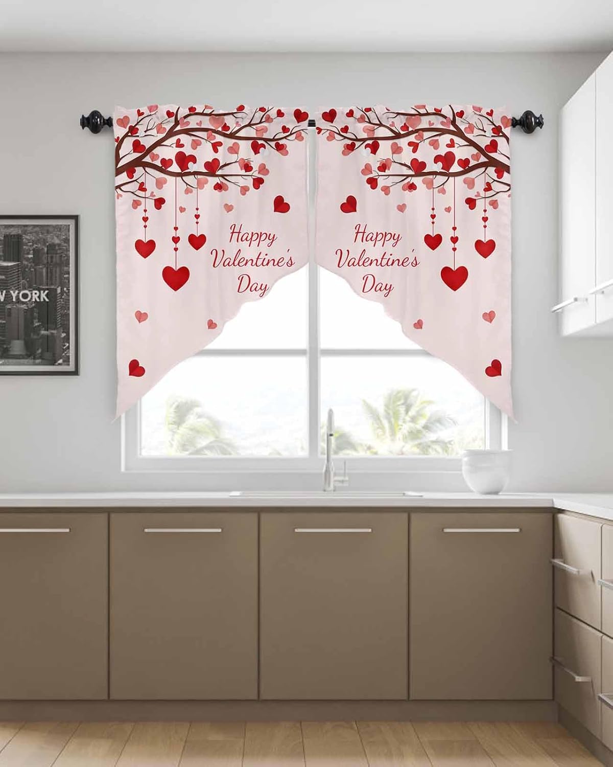 BEMIGO Love Heart Swag Valances Kitchen Decor Curtain Pink Love Rod Pocket Thermal Insulated&Washable Window Curtains for Kitchen Bedroom Valances for Windows 2 Panel, 36x36inch