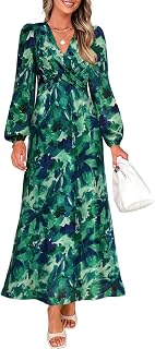 Women's Floral Long Sleeve Midi Dresses 2025 Fall Boho V Neck Belted High Wasit Flowy Wedding Cocktail Party Dress