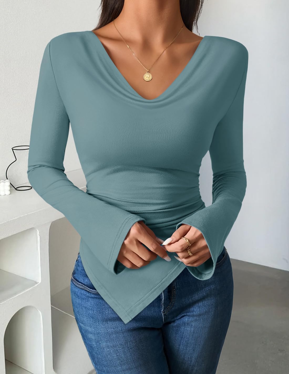ZESICA Women's Long Sleeve Cowl Neck Shirts Slim Fit Going Out Y2k Tops Blouses 2026 Spring Outfits Fashion Clothes - Image 9