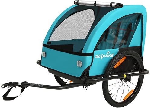 Sepnine Kids Bike Trailer, Double Seat, 5-Point Harness, Storage Bags