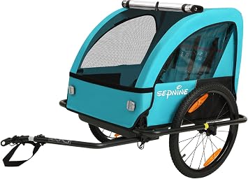 Sepnine Kids Bike Trailer, Suitable for 1 to 2 Children, Double Seat, Universal Coupler, Foldable, Canopy with Bug Screen and Weather Shield, with 5-Point Harness and Storage Bags