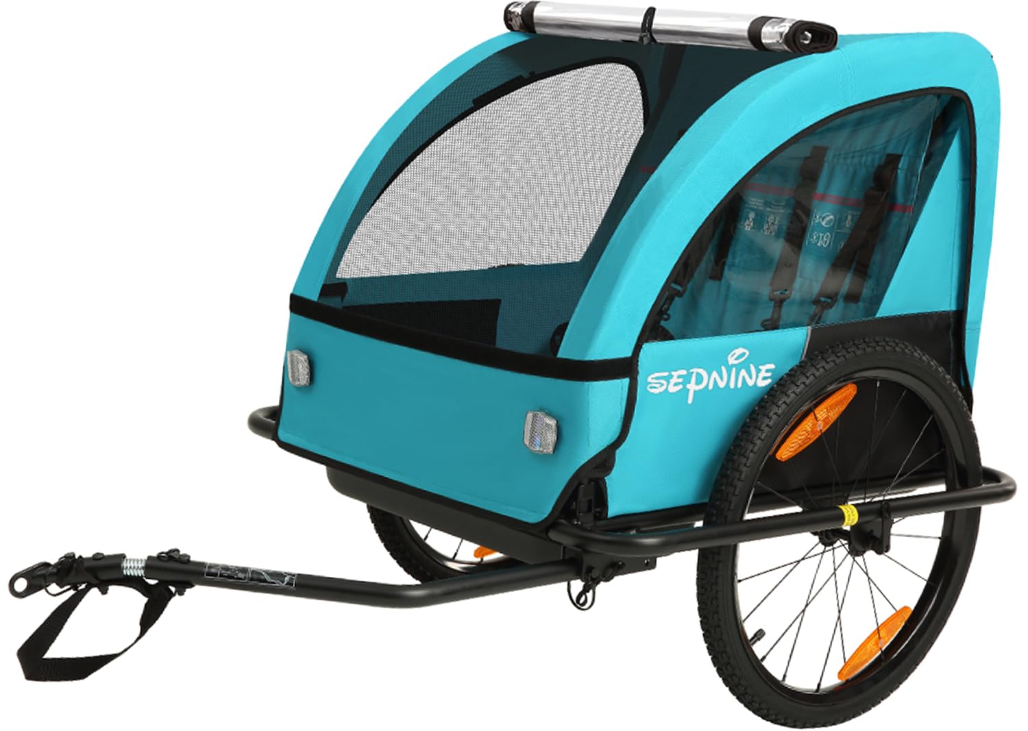 Kids Bike Trailer, Suitable for 1 to 2 Children, Double Seat, Universal Coupler, Foldable, Canopy with Bug Screen and Weather Shield, with 5-Point Harness and Storage Bags