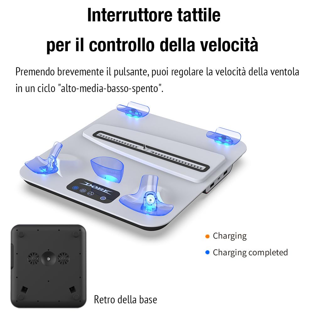 Supporto di Ricarica con Ventola di Raffreddamento per PS5 Pro/PS5 Slim/PS5 Digital/Disc Edition, Dock per Controller PSVR2, con Ricarica Controller, Indicatore LED, Gamepad Joystick Cappucci