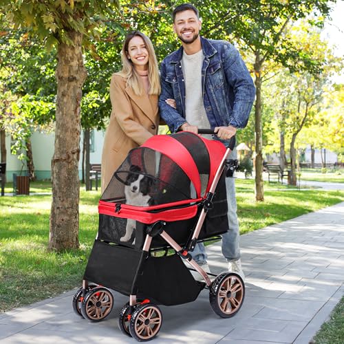 YITAHOME Hundebuggy Hundewagen klappbar für Hunde & Katzen, Haustierbuggy bis 22 kg mit umkehrbarem Griff, Netzfenstern, Getränkehalter, 360° drehbare EVA-Räder mit Bremsen (Rot)