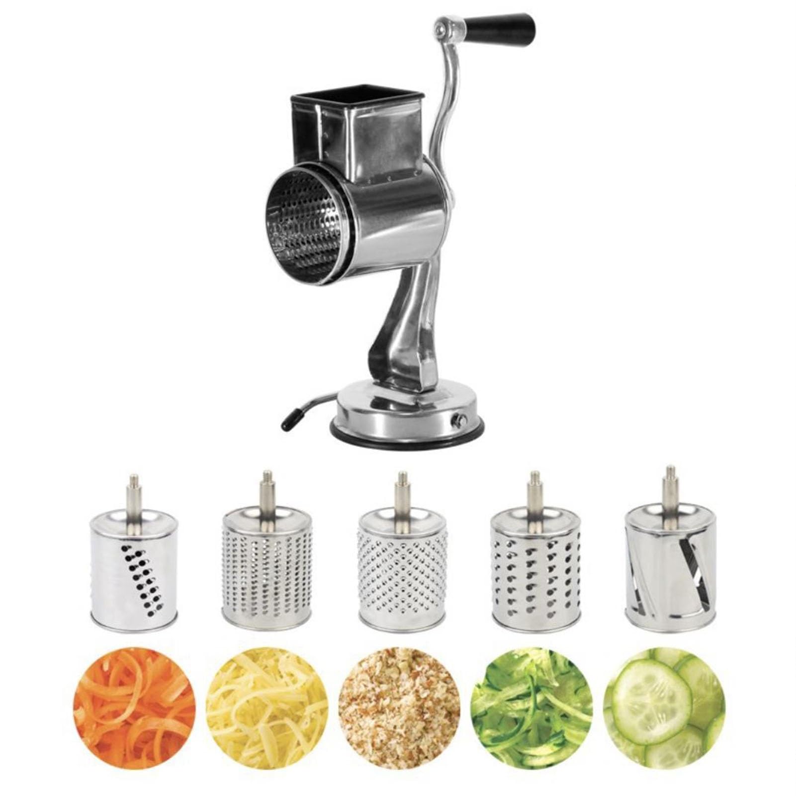 Rallador de tambor manual de acero inoxidable, rallador de queso giratorio, cortador de verduras, rallador picador con 5 cuchillas intercambiables de acero inoxidable, for queso, zanahoria, nueces, es