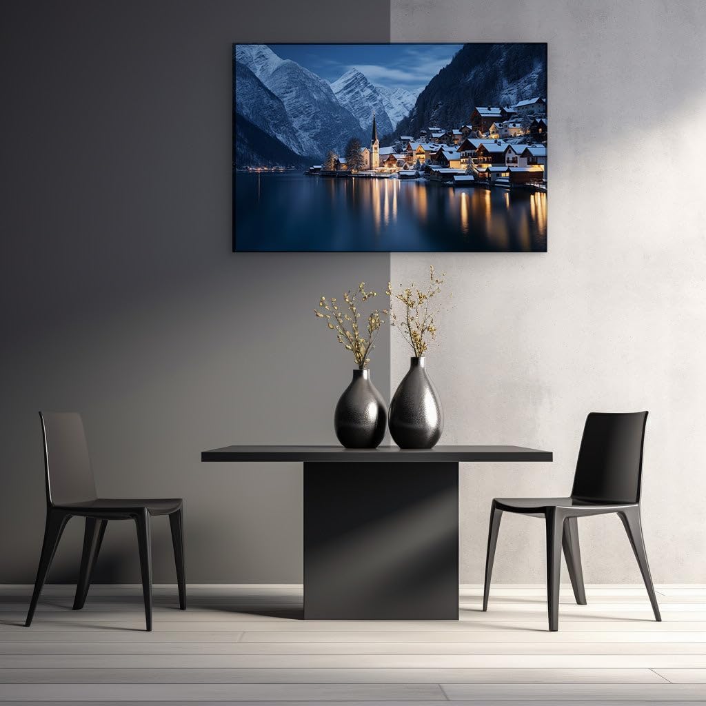 Canvas for Living room. Enchanting Winter Wonderland: A Serene Village Amidst Snowy Peaks and Lakeside Reflections, 27 x 18 inch Canvas Wall Art - Expansive Panoramas - Modern Home Decor