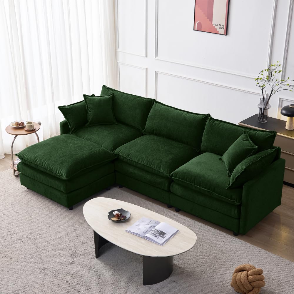 I0I&I0I Modulares Ecksofa 3 Sitzer Chaiselongue Hocker Chenille L Sofa Bequem Für Wohnzimmer Kleine Wohnungen Lounge (Green + Chenille + 3 Seat)