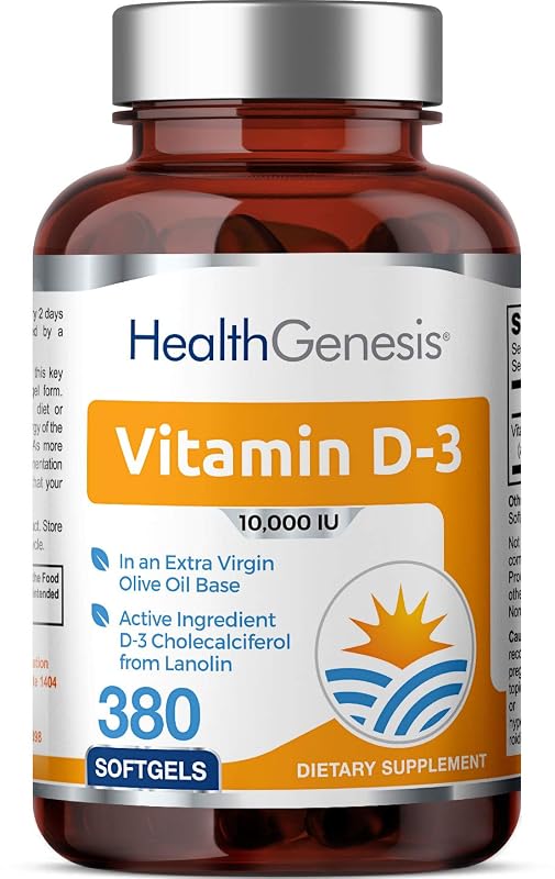 Health Genesis Vitamina D3 10.000 UI em softgels com azeite de oliva extravirgem, 380 cápsulas