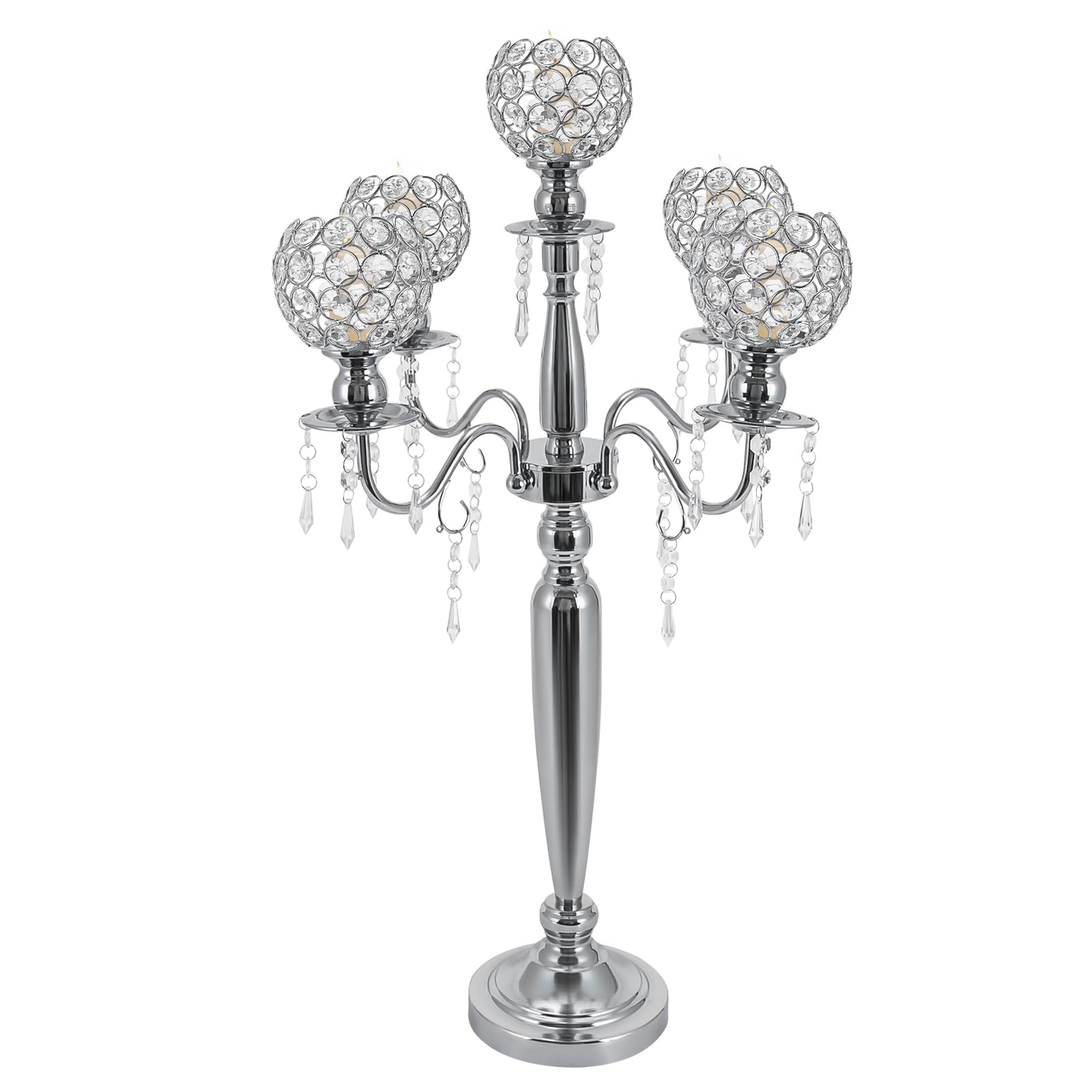 4 Pcs 5 Arm Crystal Candelabra Centerpieces, Crystal Candle Holder, 29.5 Inch Silver Candle Holders for Wedding Party Christmas Dinner Events