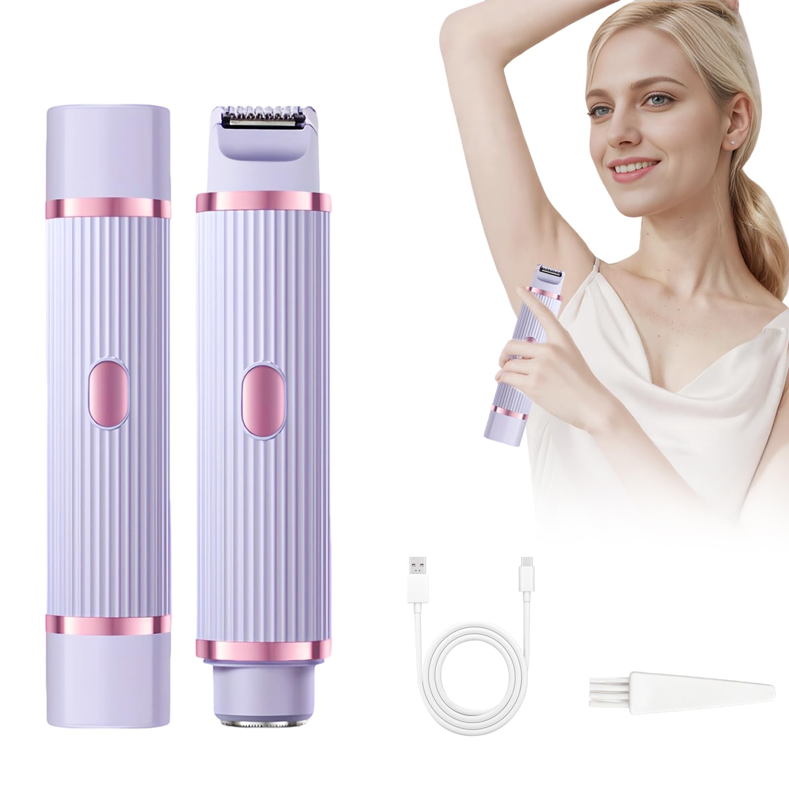 Afeitadora Electrica Mujer, Afeitadora Mujer 2 en 1 Cabezal Doble, Impermeable IPX7 Recortadora mujer Zona Intima Recargable Rasuradora para Cara Axilas Bikini, Uso en Seco y en Mojad, Morado