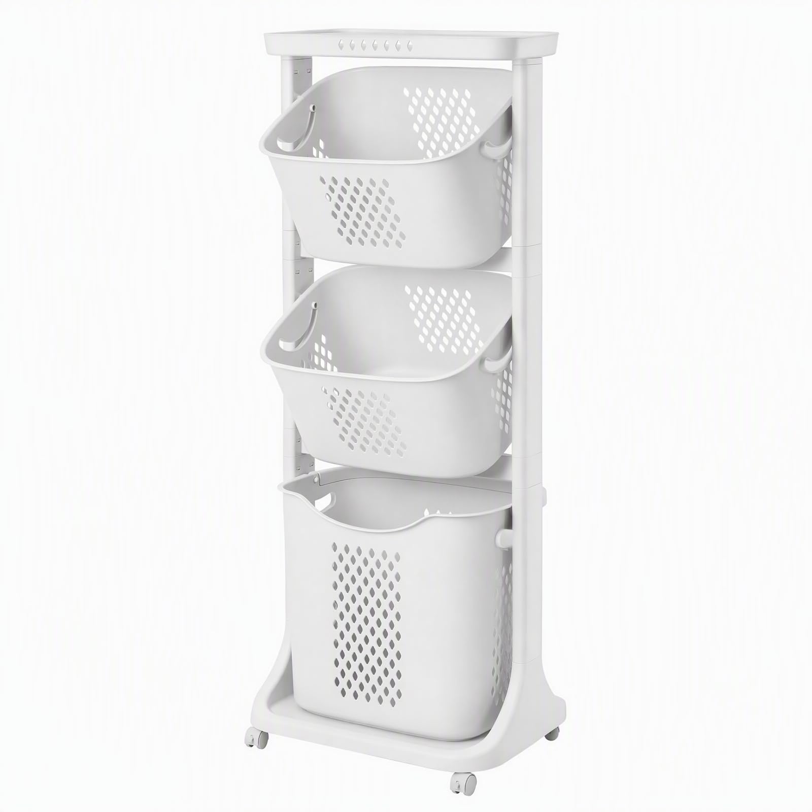 Wäschekorb Wäschesammler mit Rollen, 3 Fächer Wäschewagen 44x33x110cm Weiß, Wäschebox Wäschesortierer für Badezimmer Waschküche Schlafzimmer