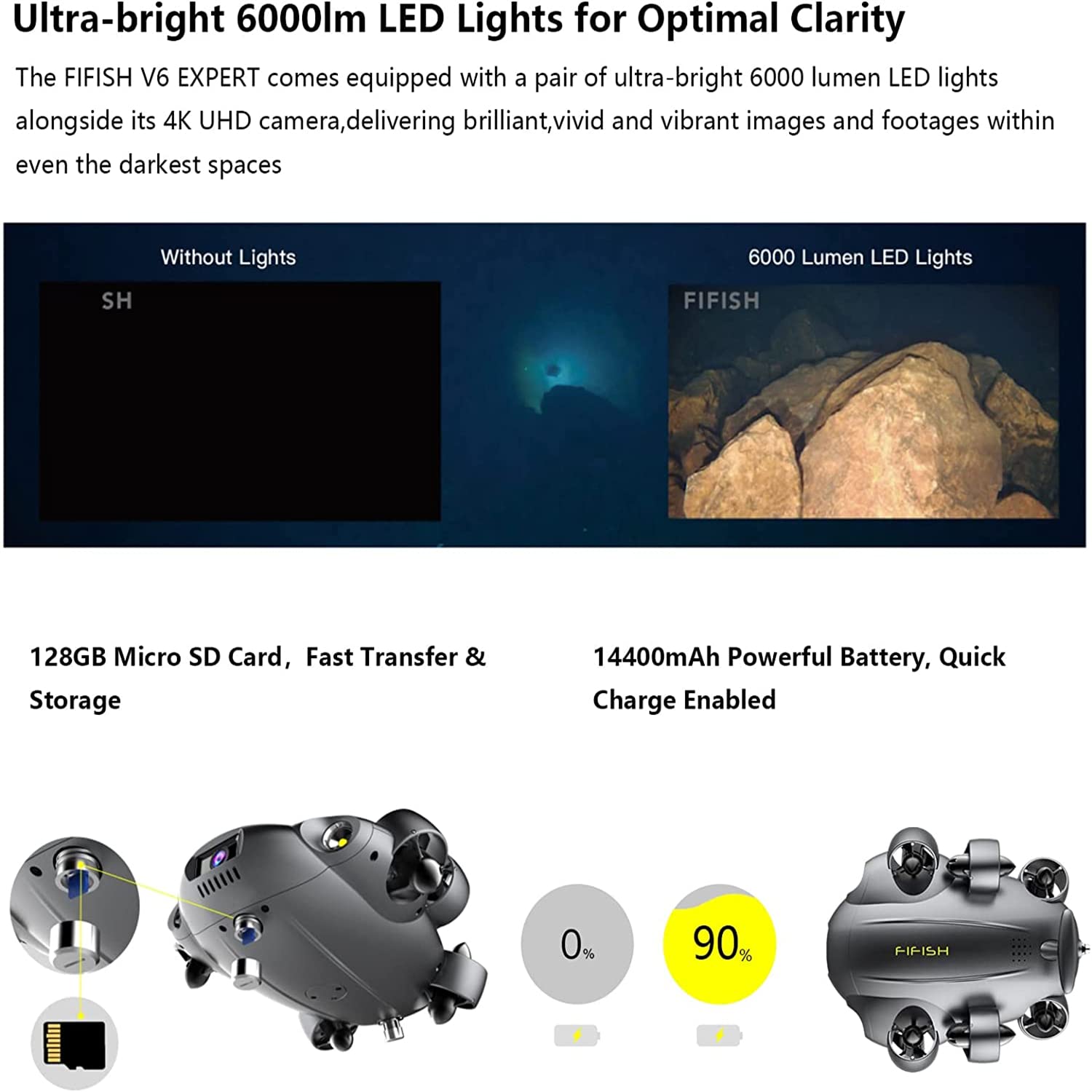 FIFISH V6E - Dron submarino con carcasa industrial Mini Rov con cámara 4K VR Submarino Buceo 14400mAh ROV Robot subacuático (juego estándar M100)