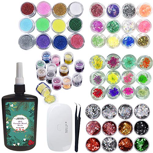 Joligel 250 ml Epoxidharz UV Kristall Klar Transparent 60 Dekorationen Glitter Getrocknete Blumen Pergamin, Epoxid-Kit für Harz Handwerk Schmuckherstellung
