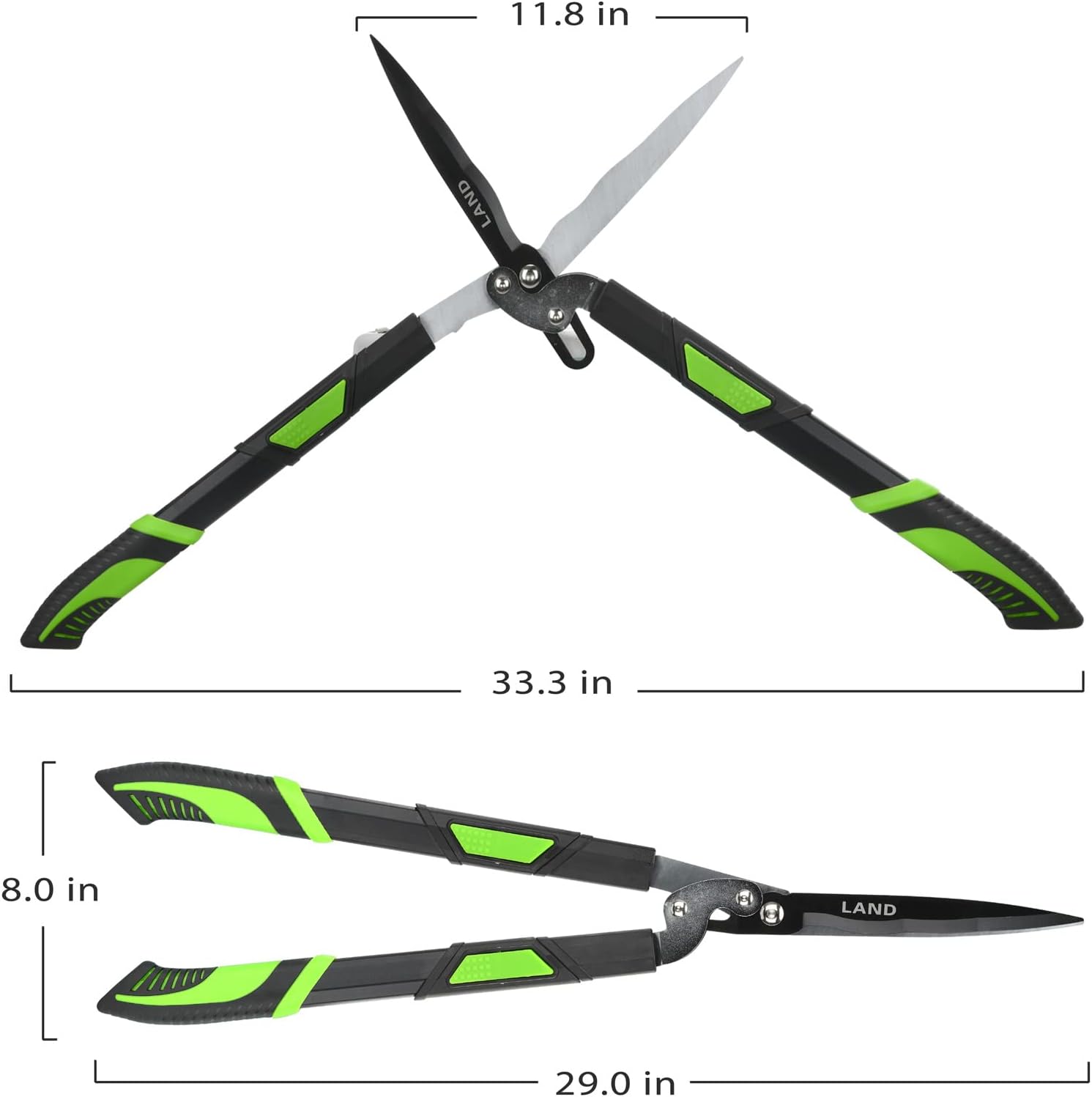 LAND Heavy Duty Telescopic Hedge Shears with Wavy Blade and Extendable to 29"-38" Steel Handles. Extendable Manual Hedge Clippers for Trimming Borders, Boxwood, and Tall Bushes.