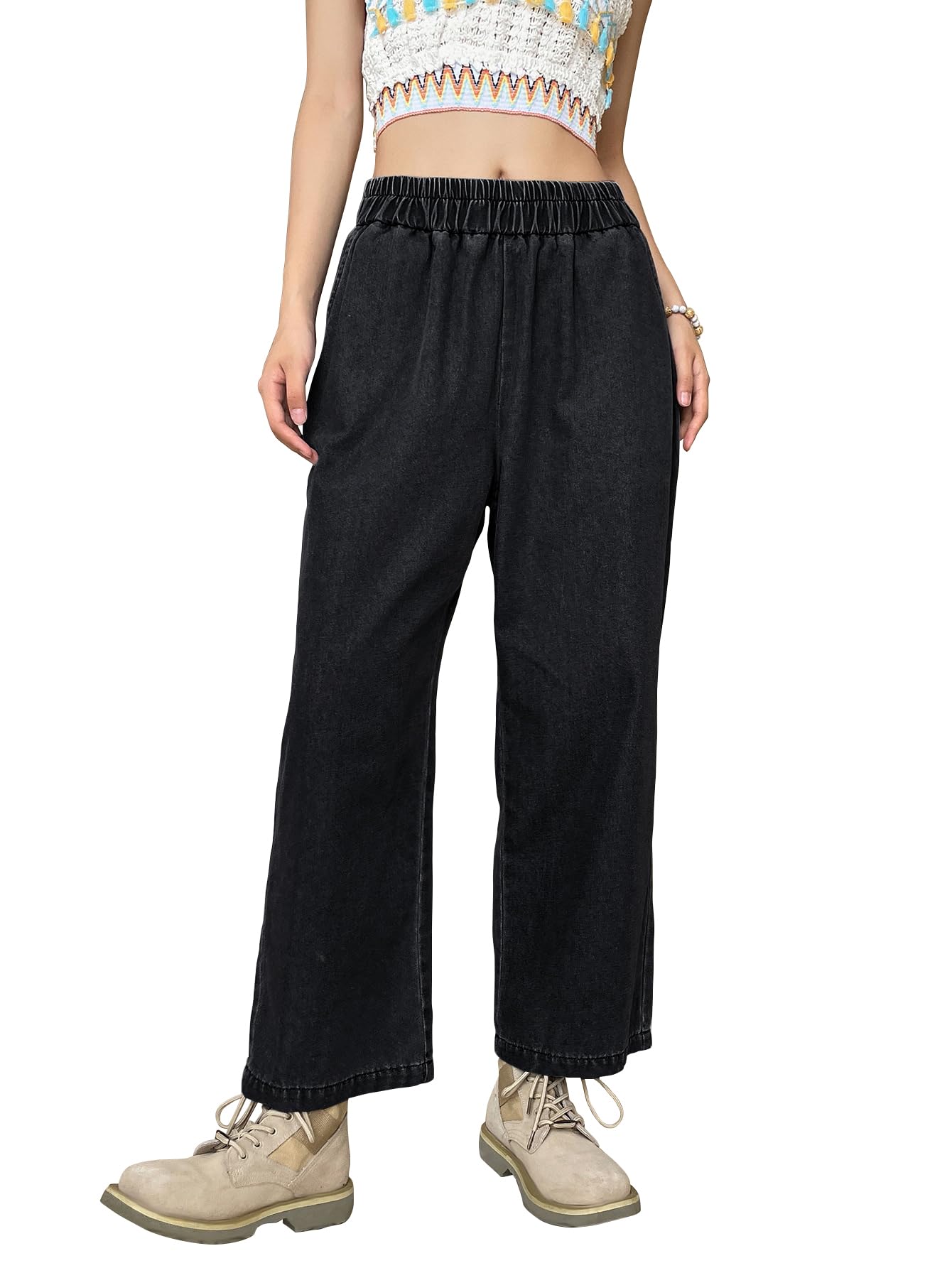 Sugathari Jeans da donna e ragazza in denim di cotone elastico in vita, taglio dritto, lunghezza alla caviglia, gamba larga, casual, larghi, pantaloni da donna (jeans 239)