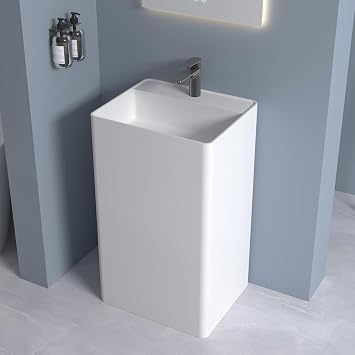 Cpingao 35" Stone Resin Rectangular Pedestal Sink with Overflow, Solid Surface Bathroom Pedestal Sink Basin with Faucet Hole and Pop-up Drain, Matte White