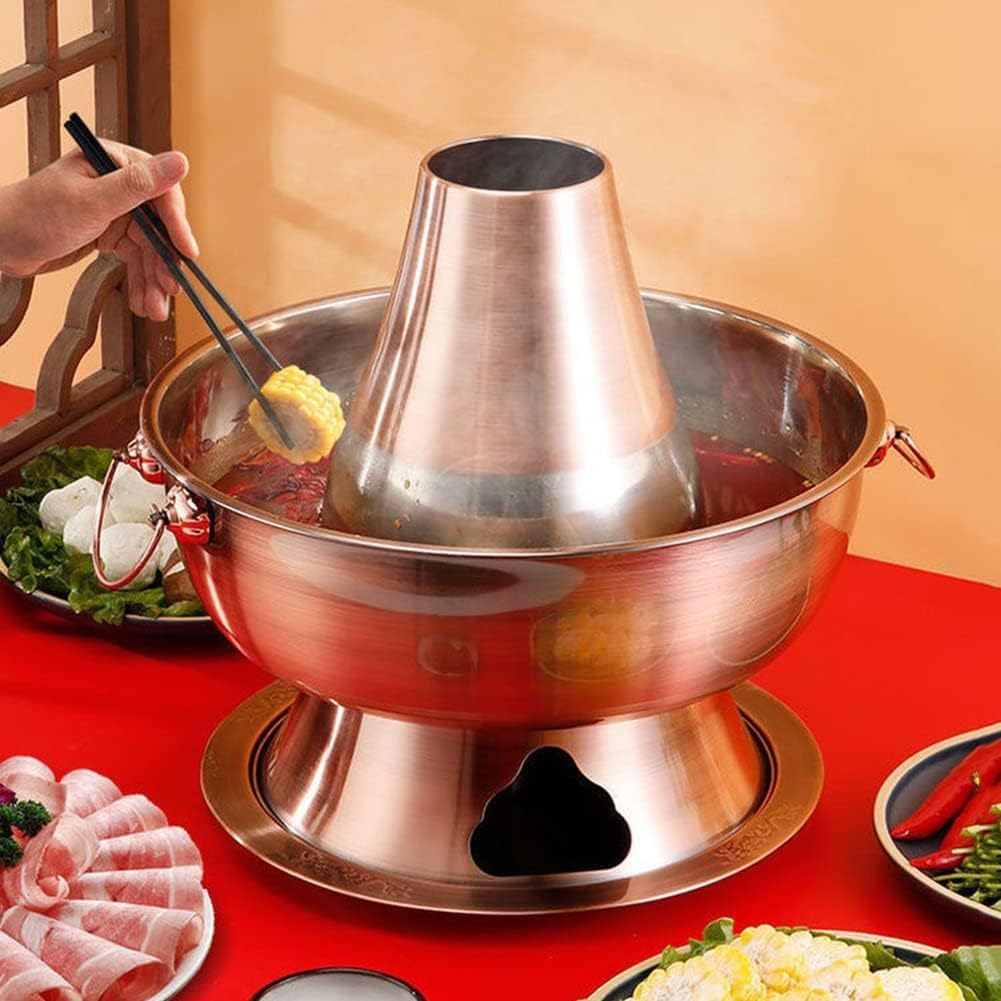 INUUXLG Traditional Chinese Copper Hot Pot, Vintage Shabu-Shabu Hot Pot for Copper Hotpot, Stainless Steel Chinese Shabu Pot Cooker Soup Cookware Party Family Gathering