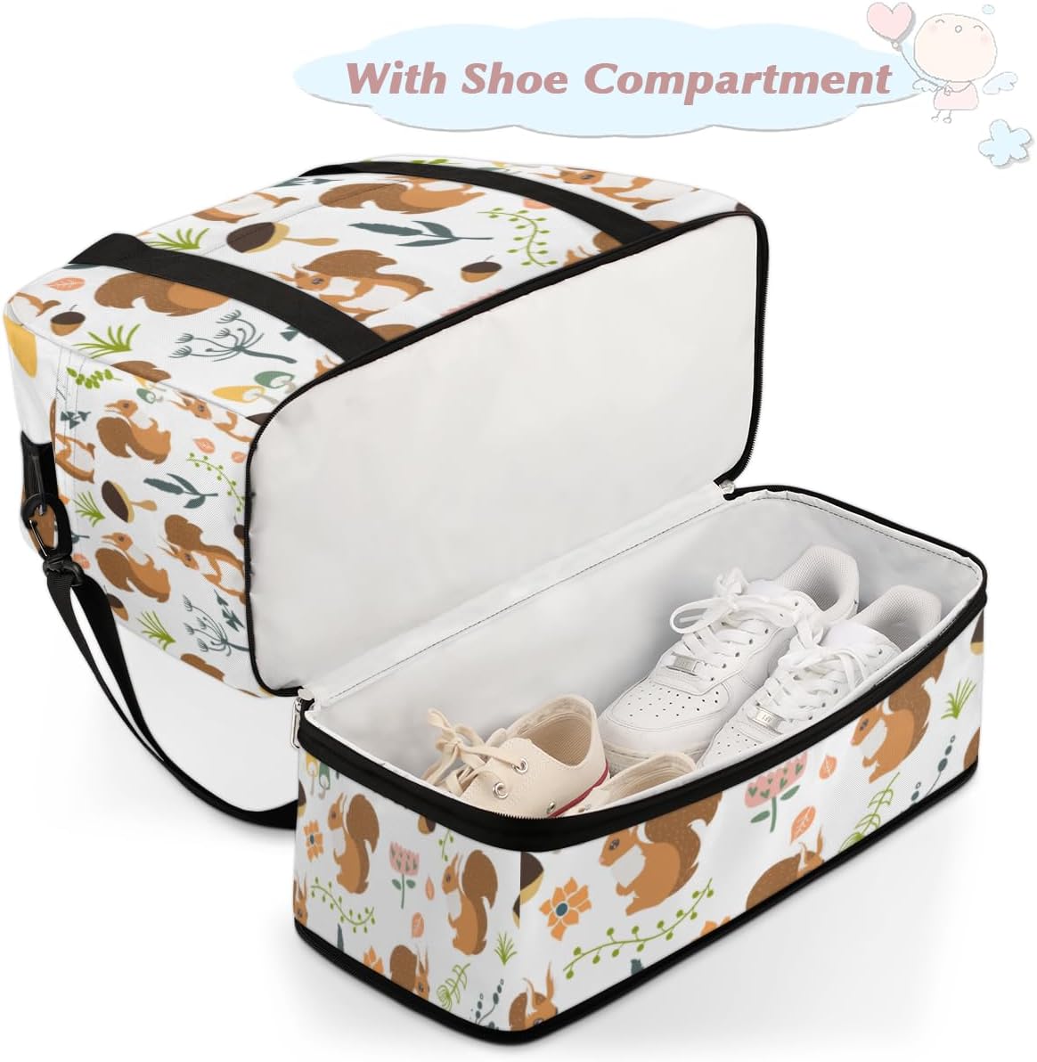 QsirBC Squirrel Lovely Design Gym Bag for Women Duffle Tote with Shoes Compartment Men Weekender Duffel for Dance Travel Sports Swimming Overnight