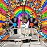 Salle de séjour Sticker mural de taille personnalisée style hippie années 60, guitare arc-en-ciel, disques vinyles amovibles, grand papier peint photo pour salon, chambre à coucher et bureau