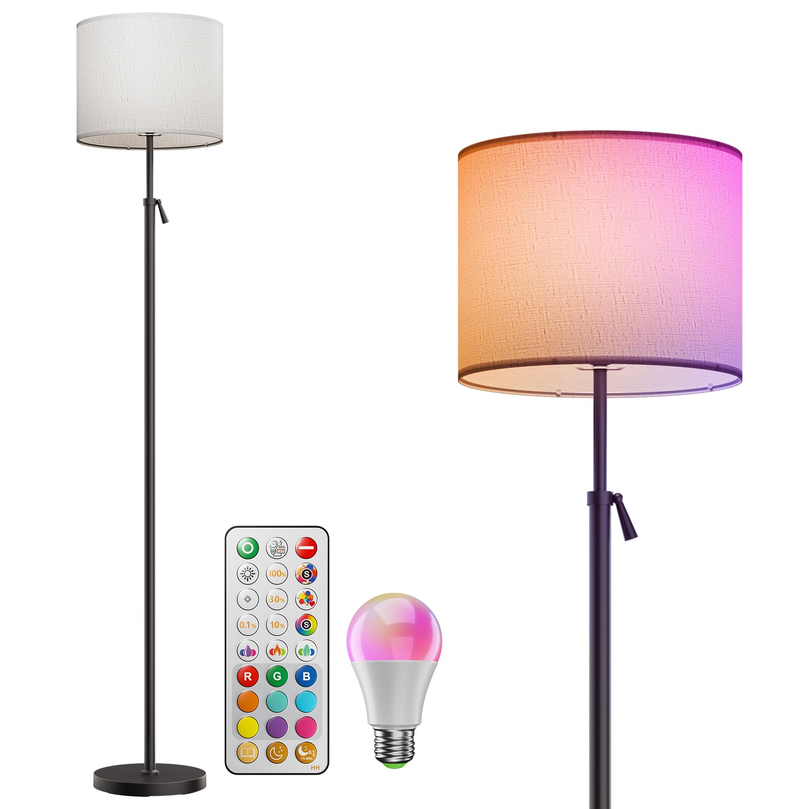 LED Stehlampe Höhenverstellbar, RGB Farbwechsel Leinen Schirm, 152-175cm Teleskopstange Stehleuchte, Magnetische Fernbedienung, 1200lm 10W, 1600K Blaulichtfrei Dimmbar Leselampe, Schwarz