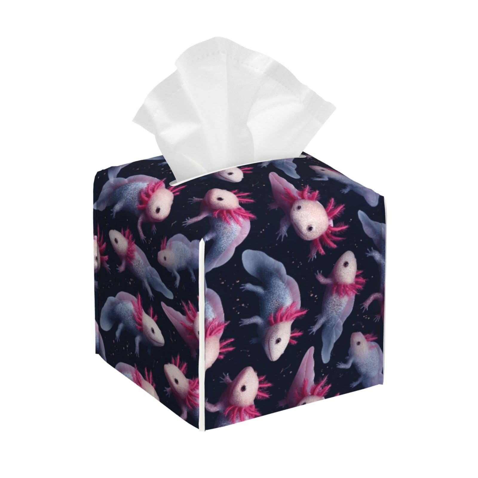 Space Blue Pink Axolotl Print Tissue Box Cover Holder Square, Foldable Modern Cube Tissue Box Cover, Leather Decorative Organizer for Tabletop Bathroom Car Office Desk Decor