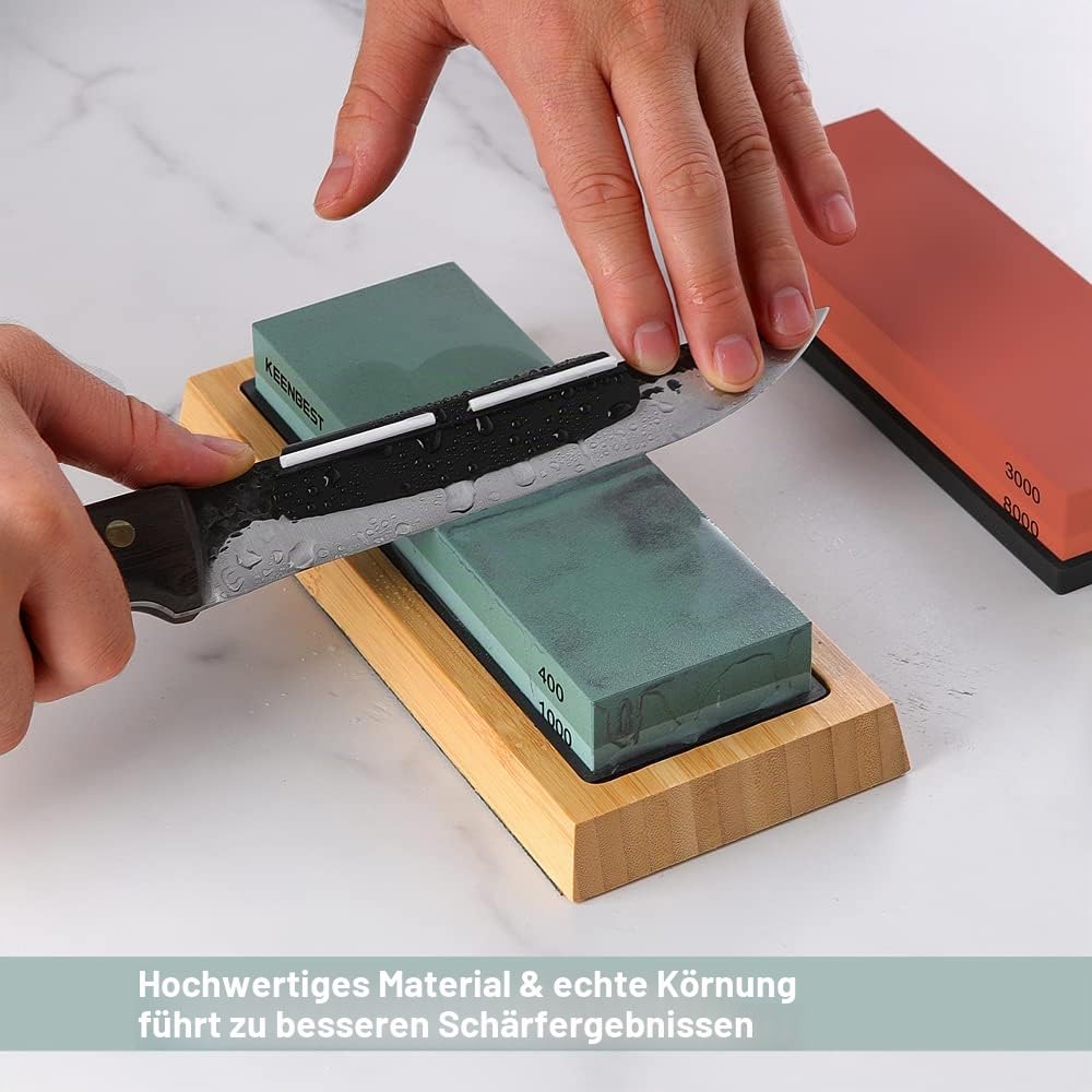 Schleifstein Set KEENBEST Messerschärfer Stein Abziehstein 400/1000 3000/8000 Wetzstein für Messer zum Schärfen von Messern mit Rutschfeste Bambusbasis Flachstein Winkelführung Lederstreifen